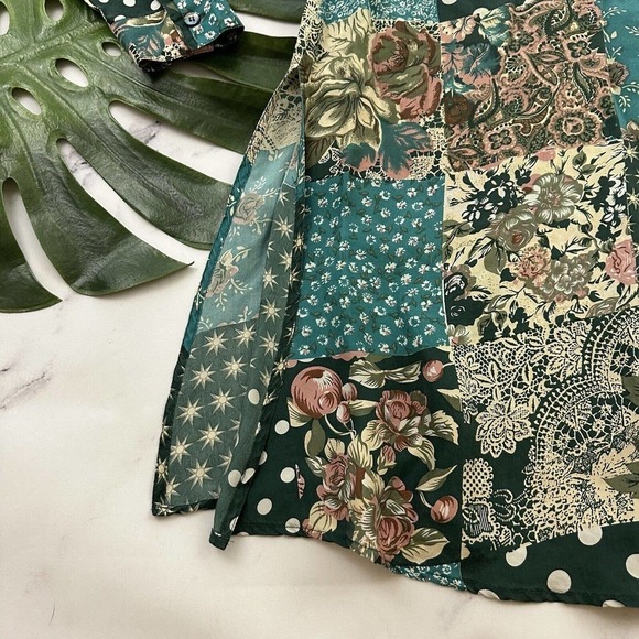 Via Max Womens Vintage 90s Silk Oversize Shirt Size S Green Tan Mixed Floral - Picture 6 of 12